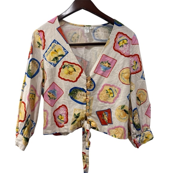Joie Tops - JOIE Women's Lemon Print Linen Blend Tie Front Button Top size M